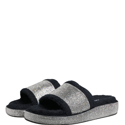 Dolce & Gabbana Black Crystal Embellished Platform Slides Shoes