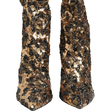Dolce & Gabbana Gold Leopard Sequin Sock Ankle Boots Shoes