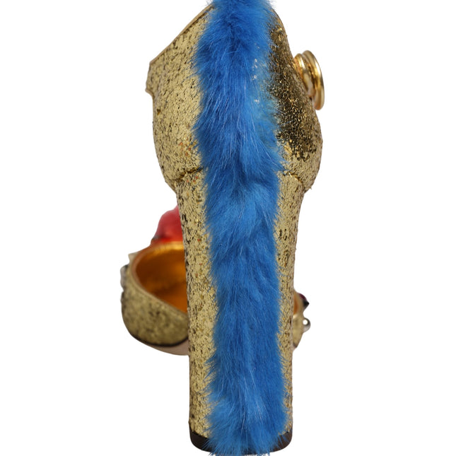 Dolce & Gabbana Gold Fur Trim Glitter T-strap Sandals Shoes
