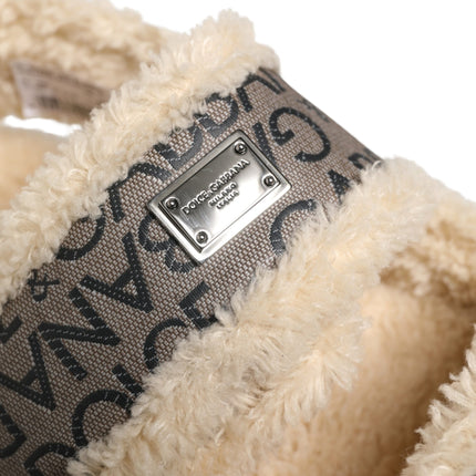 Dolce & Gabbana Beige Faux Fur Logo Print Flats Sandals Shoes