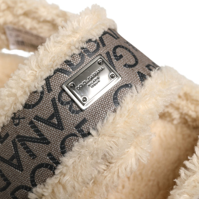 Dolce & Gabbana Beige Faux Fur Logo Print Flats Sandals Shoes