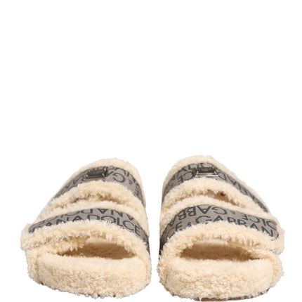 Dolce & Gabbana Beige Faux Fur Logo Print Flats Sandals Shoes