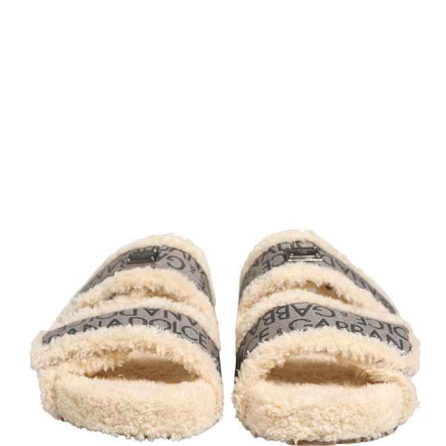 Dolce & Gabbana Beige Faux Fur Logo Print Flats Sandals Shoes