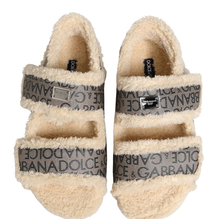 Dolce & Gabbana Beige Faux Fur Logo Print Flats Sandals Shoes