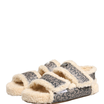 Dolce & Gabbana Beige Faux Fur Logo Print Flats Sandals Shoes