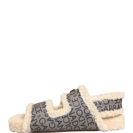 Dolce & Gabbana Beige Faux Fur Logo Print Flats Sandals Shoes