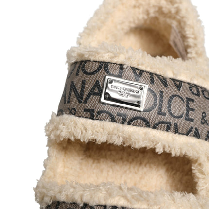 Dolce & Gabbana Beige Faux Fur Logo Print Flats Sandals Shoes