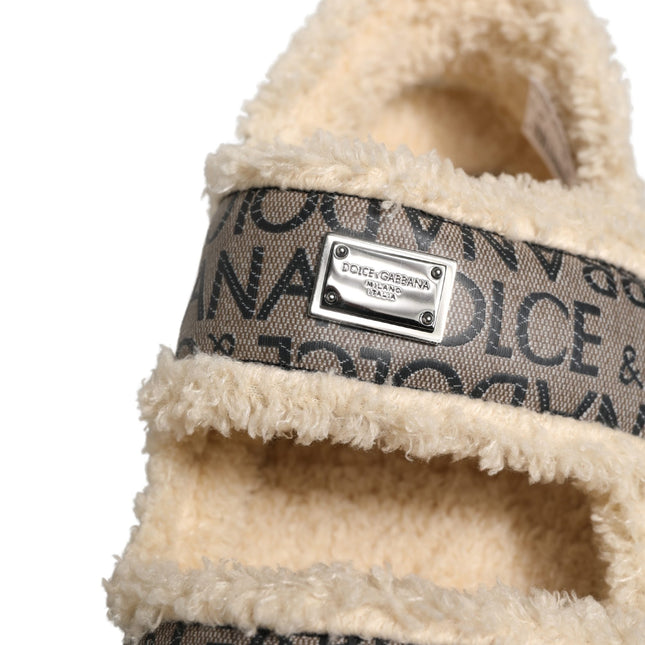 Dolce & Gabbana Beige Faux Fur Logo Print Flats Sandals Shoes