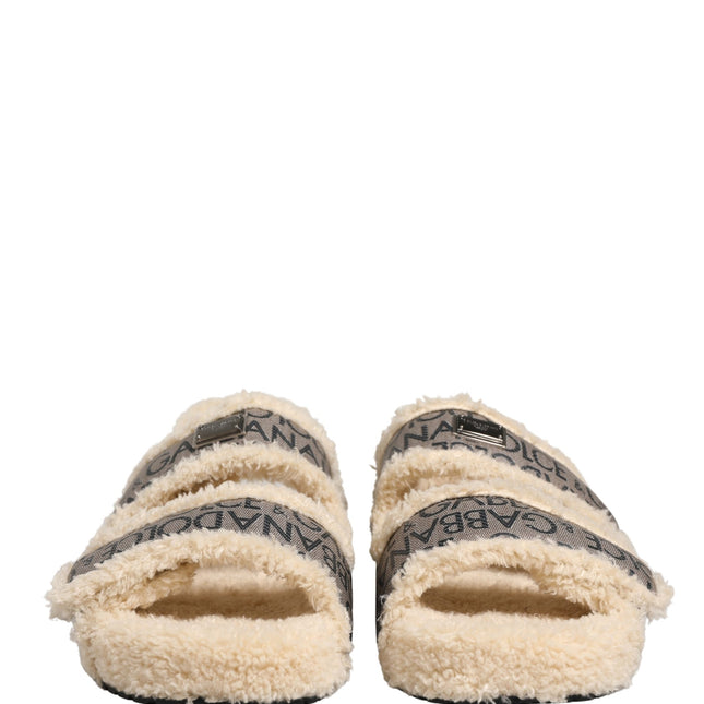 Dolce & Gabbana Beige Faux Fur Logo Print Flats Sandals Shoes