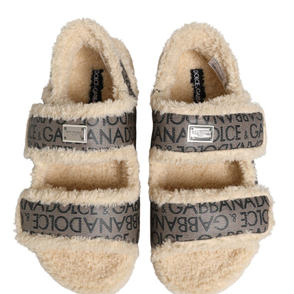 Dolce & Gabbana Beige Faux Fur Logo Print Flats Sandals Shoes