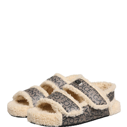 Dolce & Gabbana Beige Faux Fur Logo Print Flats Sandals Shoes