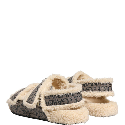 Dolce & Gabbana Beige Faux Fur Logo Print Flats Sandals Shoes
