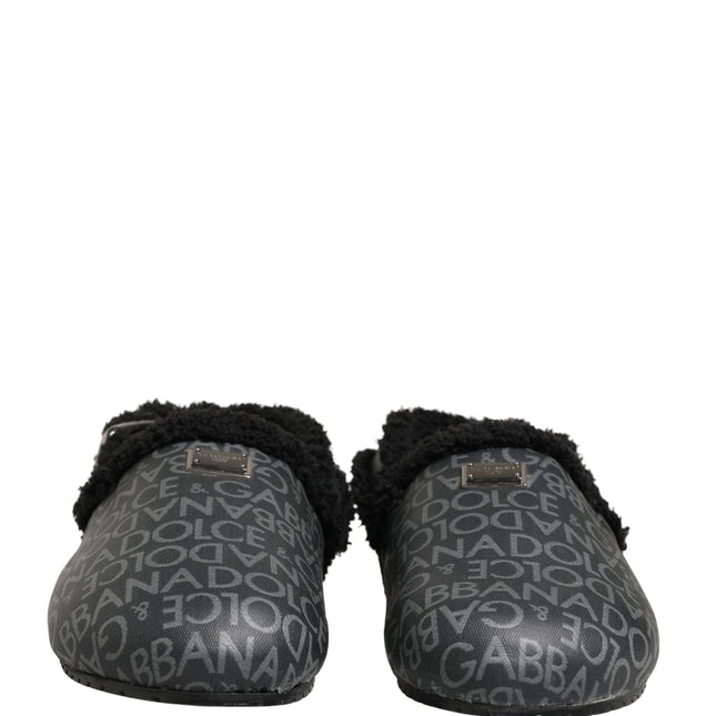 Dolce & Gabbana Gray Faux Fur Jacquard Mules Sandals Shoes