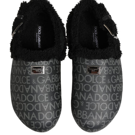 Dolce & Gabbana Gray Faux Fur Jacquard Mules Sandals Shoes