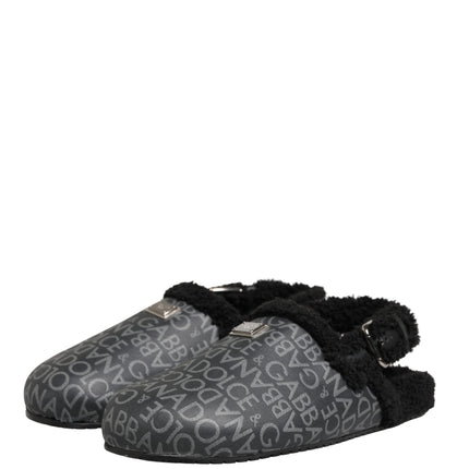 Dolce & Gabbana Gray Faux Fur Jacquard Mules Sandals Shoes