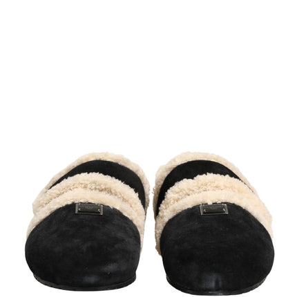 Dolce & Gabbana Beige Black Faux Fur Flats Men Sandals Shoes