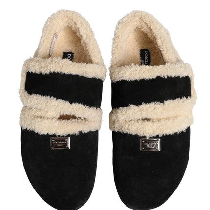 Dolce & Gabbana Beige Black Faux Fur Flats Men Sandals Shoes