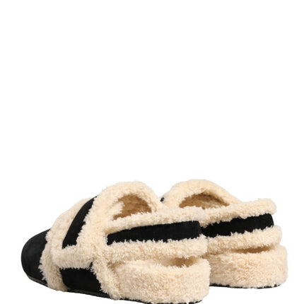 Dolce & Gabbana Beige Black Faux Fur Flats Men Sandals Shoes