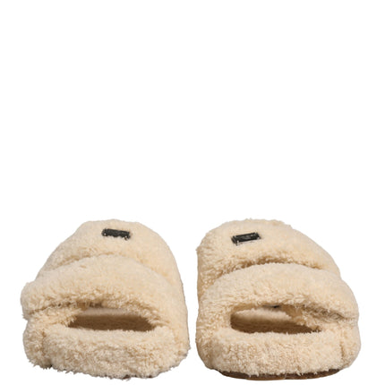 Dolce & Gabbana Beige Faux Fur Slides Men Flats Sandals Shoes