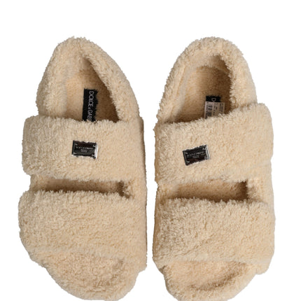 Dolce & Gabbana Beige Faux Fur Slides Men Flats Sandals Shoes