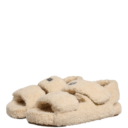 Dolce & Gabbana Beige Faux Fur Slides Men Flats Sandals Shoes