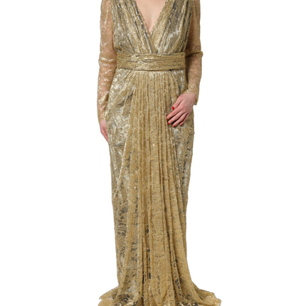 Dolce & Gabbana Gold Sheer Lace Crystal Embellished Dress