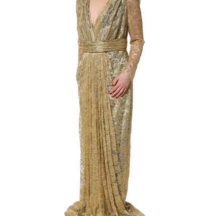 Dolce & Gabbana Gold Sheer Lace Crystal Embellished Dress