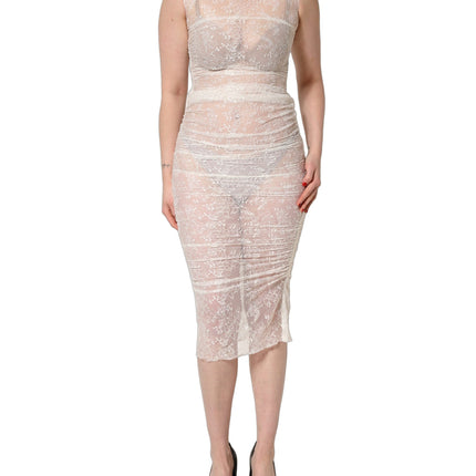 Dolce & Gabbana White Floral Lace Sheer Sleeveless Midi Dress
