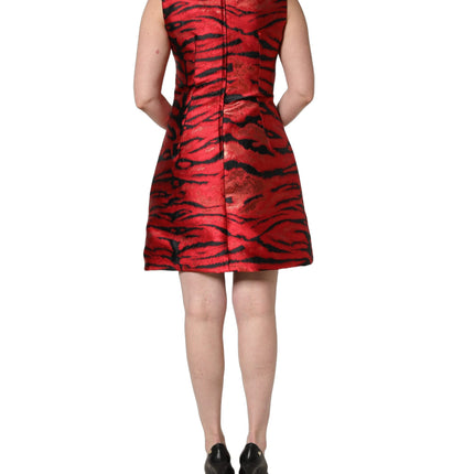 Dolce & Gabbana Red Black Tiger Print Jacquard Flared Dress