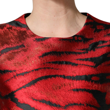 Dolce & Gabbana Red Black Tiger Print Jacquard Flared Dress
