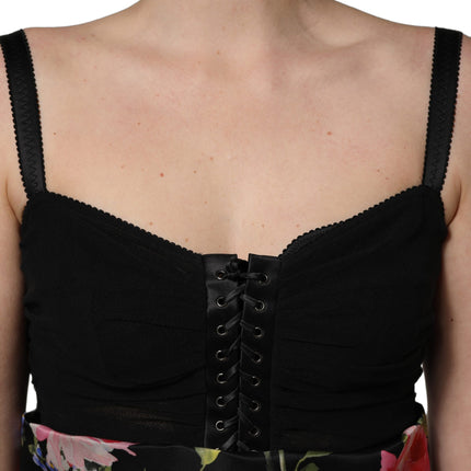 Dolce & Gabbana Black Sleeveless Bustier Floral Print Tiered Dress
