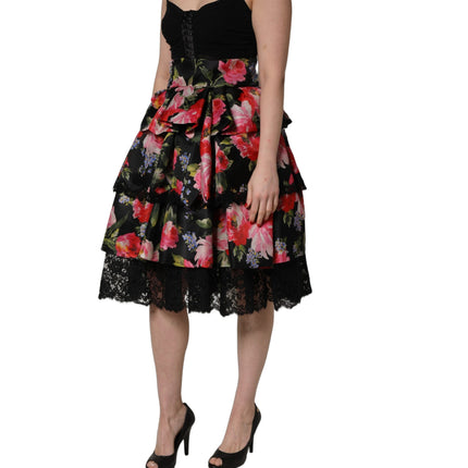 Dolce & Gabbana Black Sleeveless Bustier Floral Print Tiered Dress