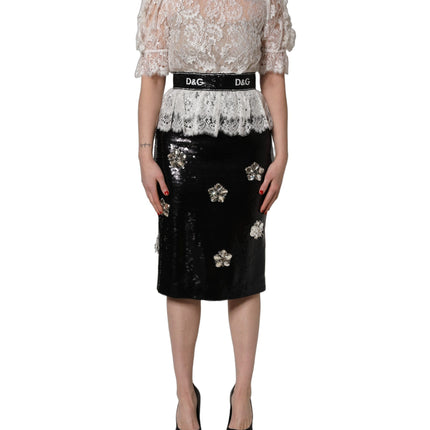 Dolce & Gabbana White Lace Top Embellished Black Skirt Dress