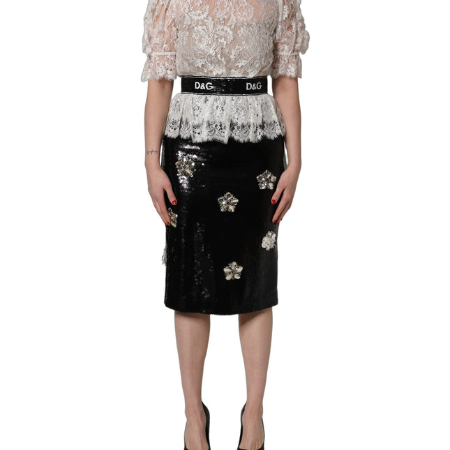Dolce & Gabbana White Lace Top Embellished Black Skirt Dress