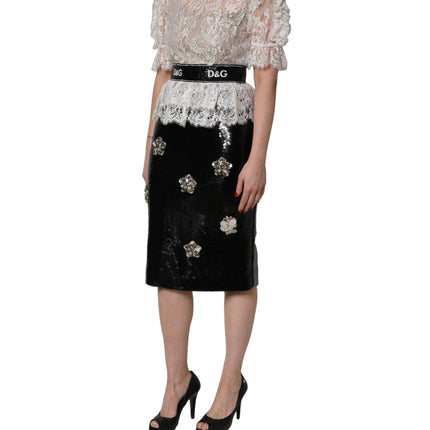 Dolce & Gabbana White Lace Top Embellished Black Skirt Dress