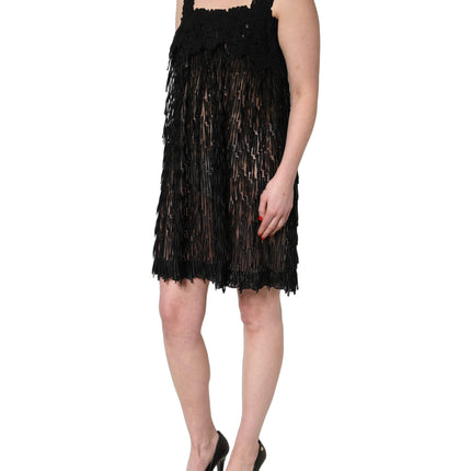 Dolce & Gabbana Black Viscose Fringed Sleeveless Mini Dress