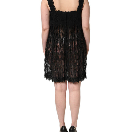 Dolce & Gabbana Black Viscose Fringed Sleeveless Mini Dress
