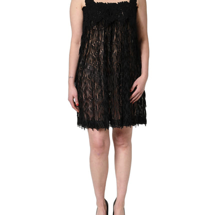 Dolce & Gabbana Black Viscose Fringed Sleeveless Mini Dress