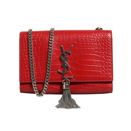 Saint Laurent Kate Tassel Chain Bag in Red Crocodile Embossed Leather