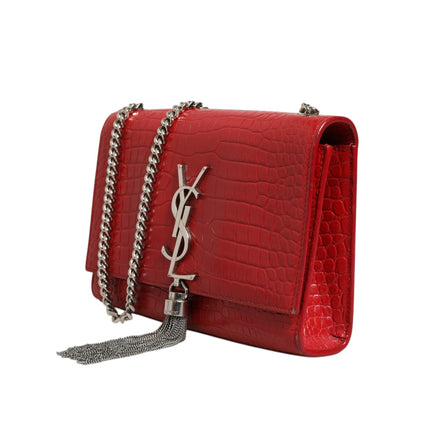 Saint Laurent Kate Tassel Chain Bag in Red Crocodile Embossed Leather