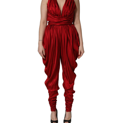 Dolce & Gabbana Red Plunging HalterNeck Draped Jumpsuit Dress