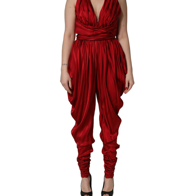 Dolce & Gabbana Red Plunging HalterNeck Draped Jumpsuit Dress