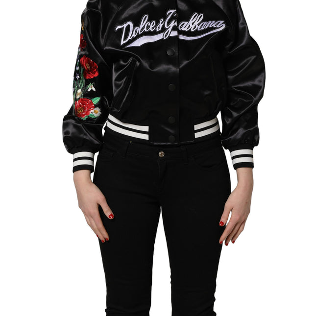 Dolce & Gabbana Black Satin Floral Embroidery Bomber Jacket