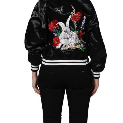 Dolce & Gabbana Black Satin Floral Embroidery Bomber Jacket