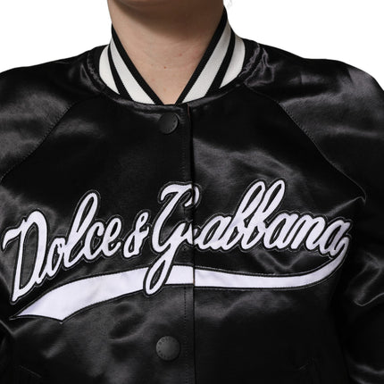 Dolce & Gabbana Black Satin Floral Embroidery Bomber Jacket