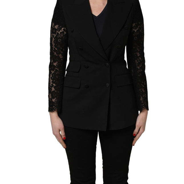 Dolce & Gabbana Black Wool DoubleBreasted Lace Sleeve Jacket