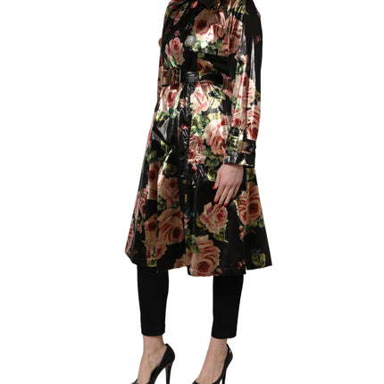 Dolce & Gabbana Black Floral Belted Polyester Trench Coat Jacket