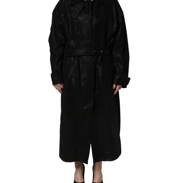 Dolce & Gabbana Black Belted Sheepskin Trench Coat Jacket