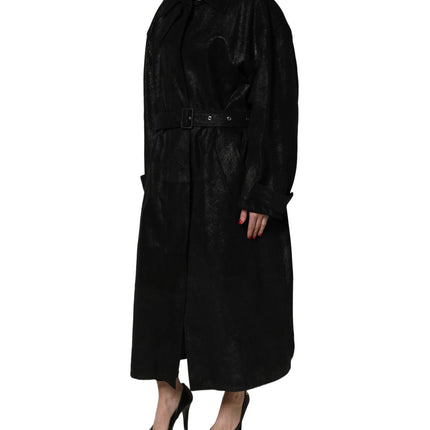 Dolce & Gabbana Black Belted Sheepskin Trench Coat Jacket