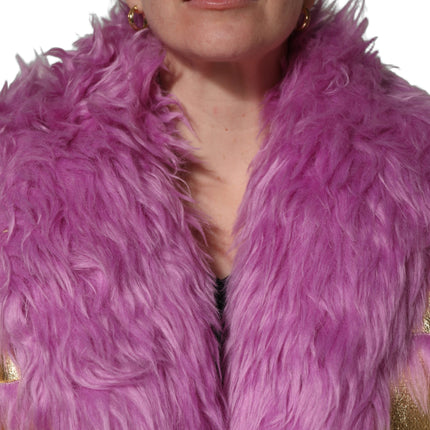 Dolce & Gabbana Pink Plush Faux Fur Gold Leather Coat Jacket